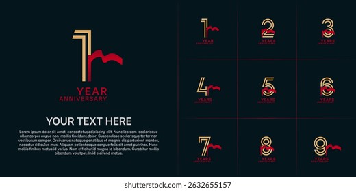 Anniversary logo type set with double line number. golden color and red ribbon for celebration event
