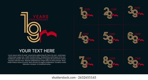 Anniversary logo type set with double line number. golden color and red ribbon for celebration event