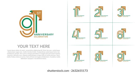 Tipo de logotipo de aniversário definido com número de linha dupla. cor marrom e verde para evento de celebração