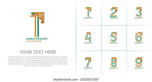 Anniversary logo type set with double line number. brown and green color for celebration event
