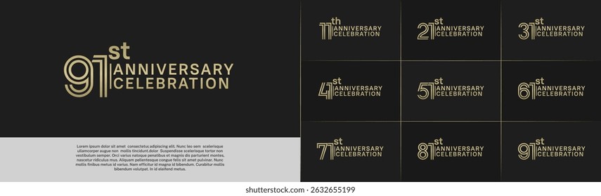 Tipo de logotipo de aniversário definido com número de linha dupla. cor dourada para evento de celebração