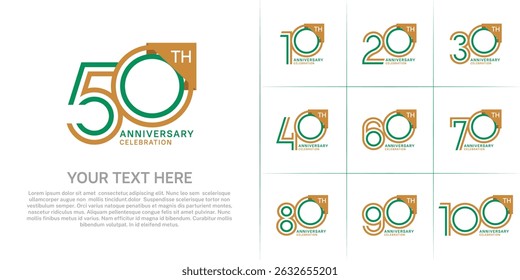 Tipo de logotipo de aniversário definido com número de linha dupla. cor marrom e verde para evento de celebração