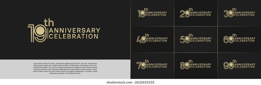 Anniversary logo type set with double line number. golden color for celebration event