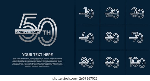 Anniversary logo type set with double line number. silver color with ribbon for celebration event