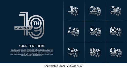 Anniversary logo type set with double line number. silver color with ribbon for celebration event
