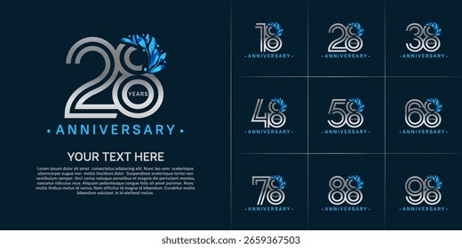 Anniversary logo type set with double line number and blue floral ornament. silver color for celebration event