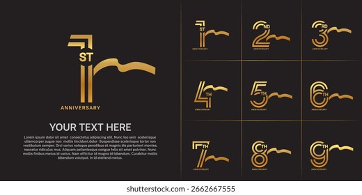 Tipo de logotipo de aniversário definido com número de linha dupla. cor dourada com fita longa para evento de celebração