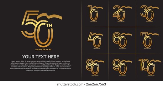 Tipo de logotipo de aniversário definido com número de linha dupla. cor dourada com fita longa para evento de celebração
