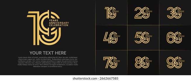 Anniversary logo type set with double line number. golden color for celebration event