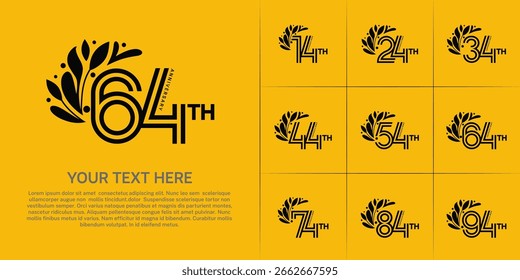 Anniversary logo type set with double line number and floral ornament. black color for celebration event