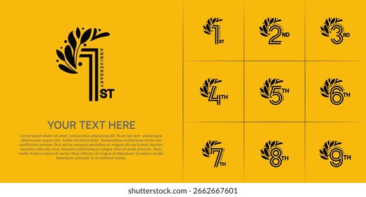 Tipo del logotipo del aniversario fijado con el número de línea doble y el ornamento floral. color negro para el acontecimiento de la celebración