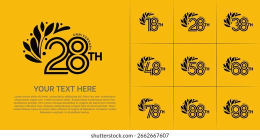 Anniversary logo type set with double line number and floral ornament. black color for celebration event