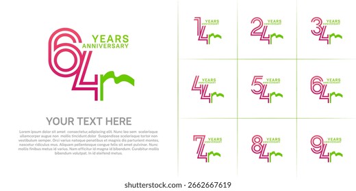 Tipo del logotipo del aniversario fijado con el número doble de la línea. color púrpura y cinta verde para el acontecimiento de la celebración