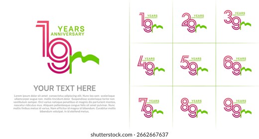 Tipo del logotipo del aniversario fijado con el número doble de la línea. color púrpura y cinta verde para el acontecimiento de la celebración