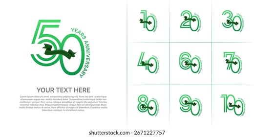 Anniversary logo type set with double line number. green color with ribbon can be use special moment
