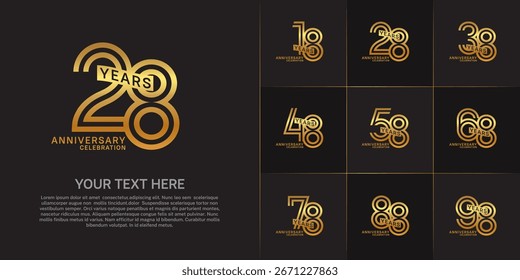 Anniversary logo type set with double line number. golden color with ribbon can be use special moment