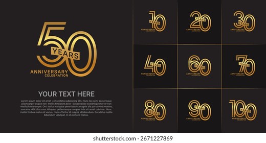 Anniversary logo type set with double line number. golden color with ribbon can be use special moment