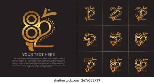 Tipo del logotipo del aniversario fijado con el número de línea doble. color dorado con el ornamento de la hoja se puede utilizar el momento especial