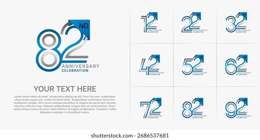 Tipo del logotipo del aniversario fijado con el número de línea doble. color azul y plata para el acontecimiento de la celebración
