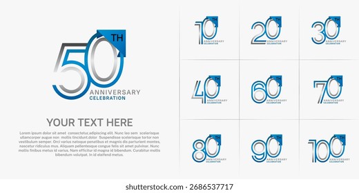 Tipo del logotipo del aniversario fijado con el número de línea doble. color azul y plata para el acontecimiento de la celebración