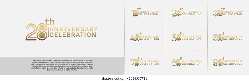 Anniversary logo type set with double line number. golden color for celebration event
