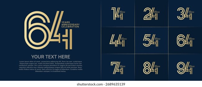 Anniversary logo type set with double line number. golden color for celebration event