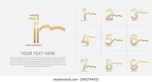 Tipo del logotipo del aniversario fijado con el número de línea doble. color oro con la cinta larga para el acontecimiento de la celebración