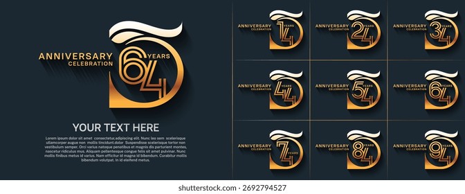Anniversary logo type set with double line number. golden color for celebration event