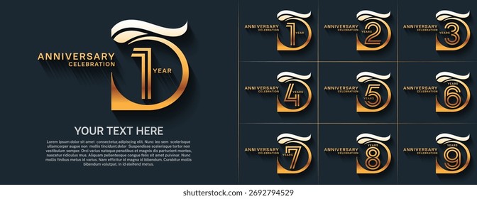 Tipo de logotipo de aniversário definido com número de linha dupla. cor dourada para evento de celebração