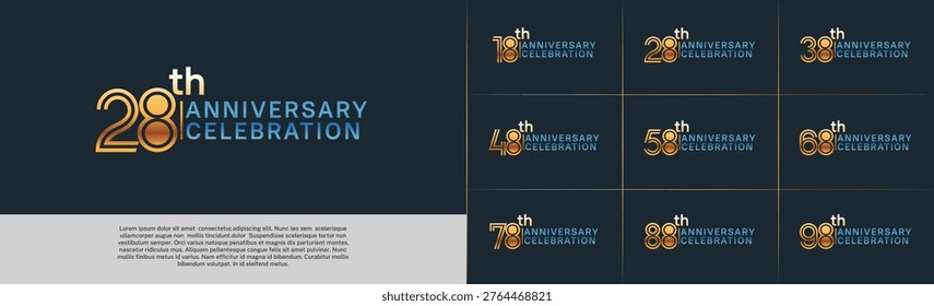 Anniversary logo type set with double line number. gold and blue color for celebration event
