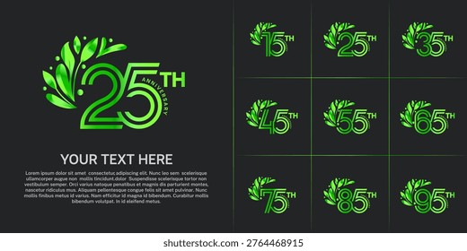 Anniversary logo type set with double line number and floral ornament. green color for celebration event