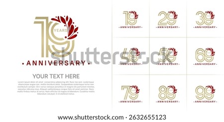 Anniversary logo type set with double line number and red floral ornament. golden color for celebration event
