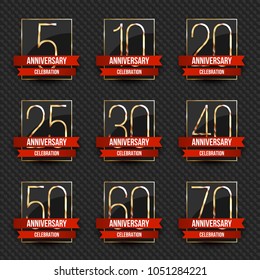 Anniversary logo's collection. 5th, 10th, 20th, 25th, 30th, 40th, 50th, 60th, 70th year celebration gold logotypes.