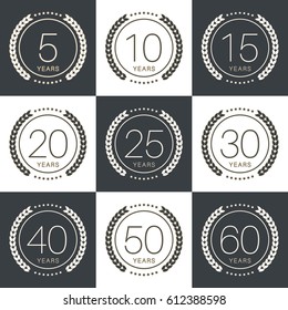 Anniversary logo's collection with laurels. Vector illustration.