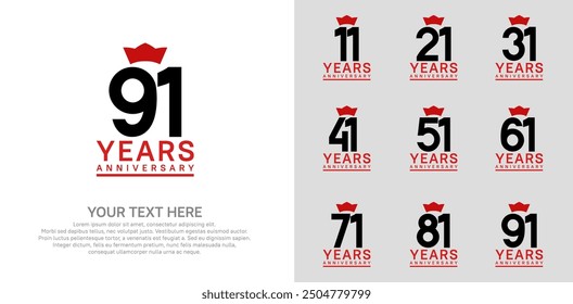 anniversary logotype set. black color and red crown can be use for celebration event