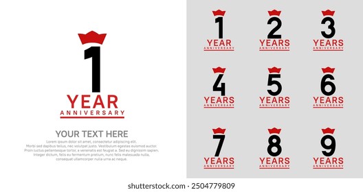 anniversary logotype set. black color and red crown can be use for celebration event