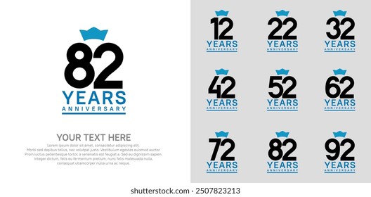 anniversary logotype set. black color and blue crown can be use for celebration event