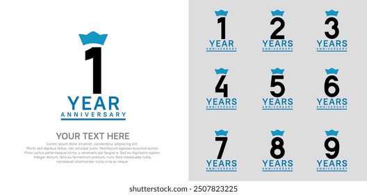 anniversary logotype set. black color and blue crown can be use for celebration event