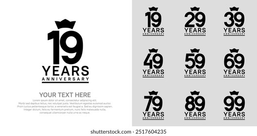 anniversary logotype set. black color and crown can be use for celebration event