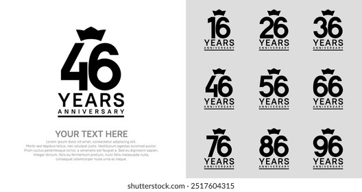 anniversary logotype set. black color and crown can be use for celebration event