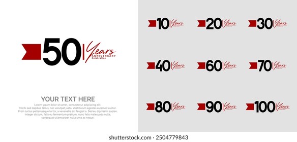 Conjunto de logotipo de aniversario. número negro y cinta roja para la celebración