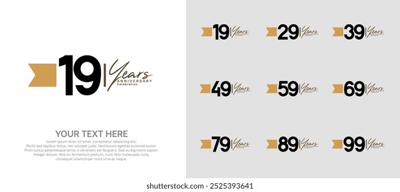 anniversary logotype set. black number and brown ribbon for celebration