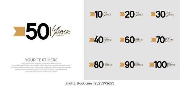 Conjunto de logotipo de aniversario. número negro y cinta marrón para la celebración