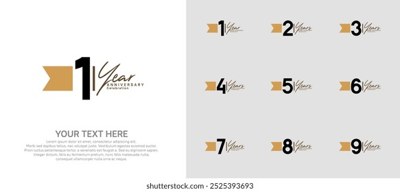 anniversary logotype set. black number and brown ribbon for celebration