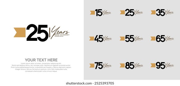 anniversary logotype set. black number and brown ribbon for celebration