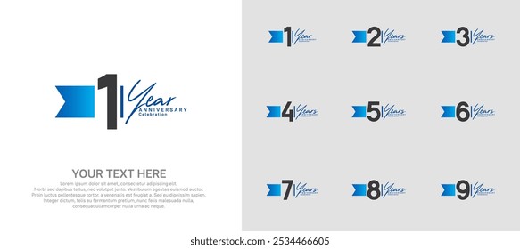 anniversary logotype set. black number and blue ribbon for celebration