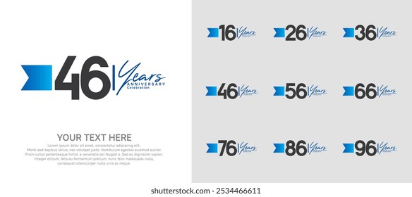 Jubiläums-Logo-Set. schwarze Nummer und blaues Band zum Feiern