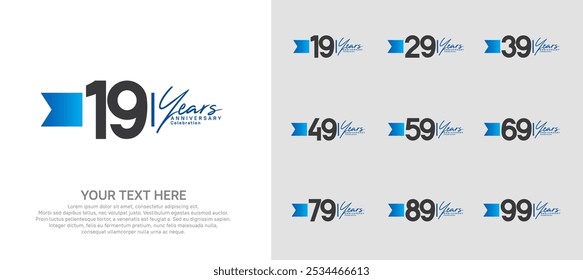 anniversary logotype set. black number and blue ribbon for celebration