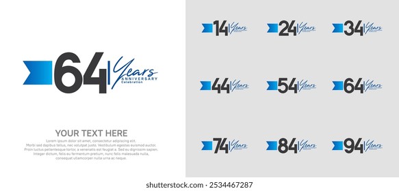 Conjunto de logotipo de aniversario. número negro y cinta azul para la celebración