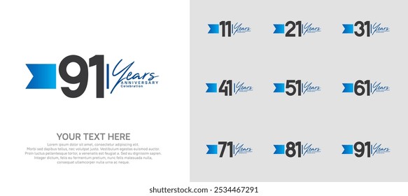 anniversary logotype set. black number and blue ribbon for celebration
